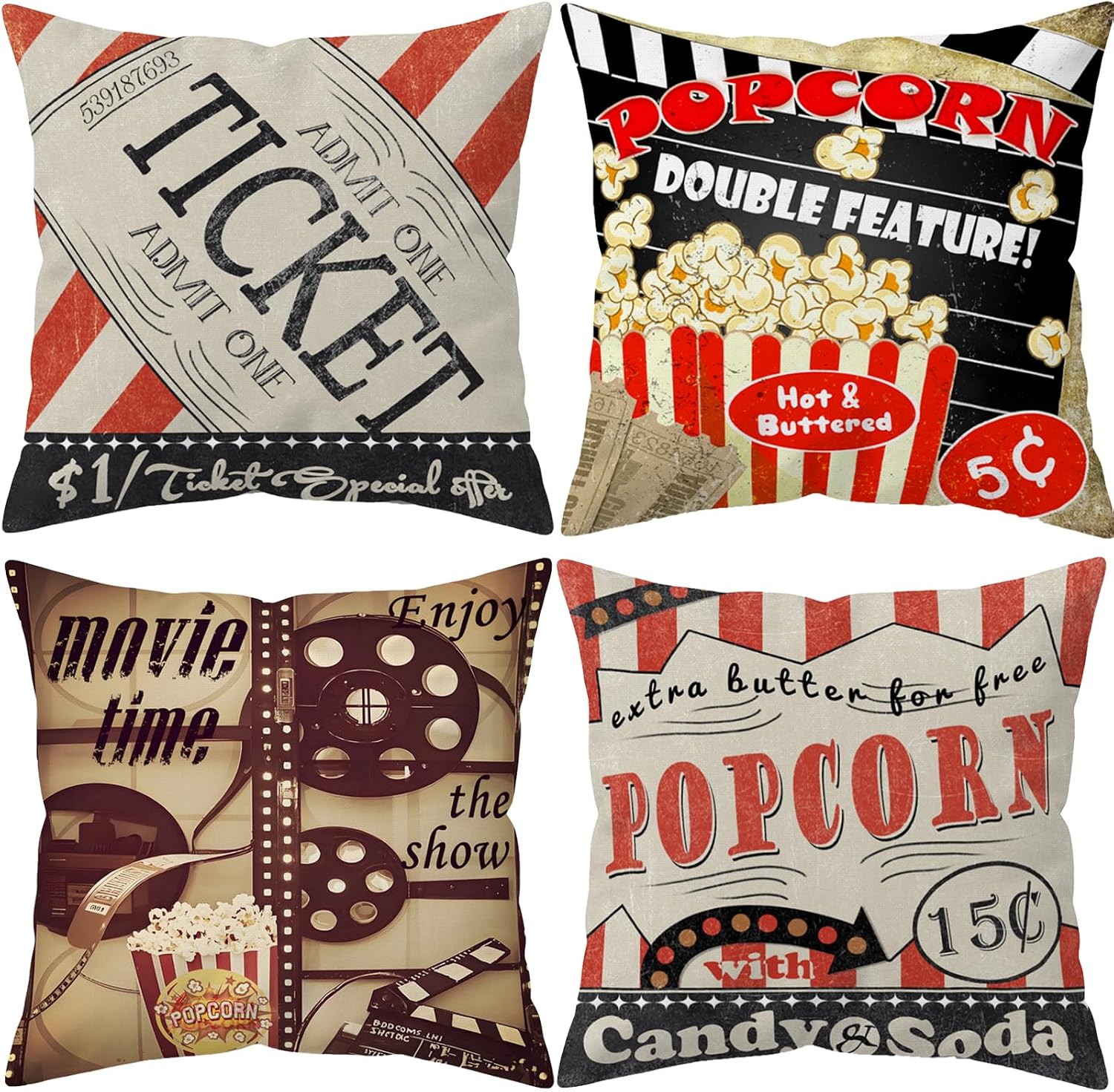 Home Cinema Tickets - 4 Peças Capas de Almofada Decorativas